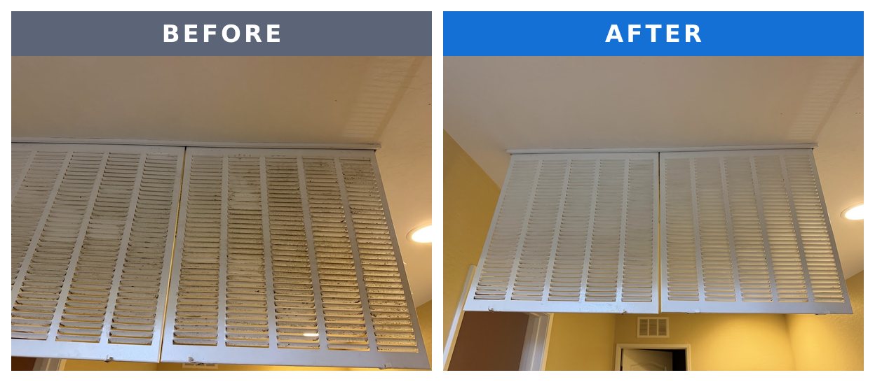 Before and after: large ceiling air return vent covers caked with dust and grime, next to the same vent covers cleaned white